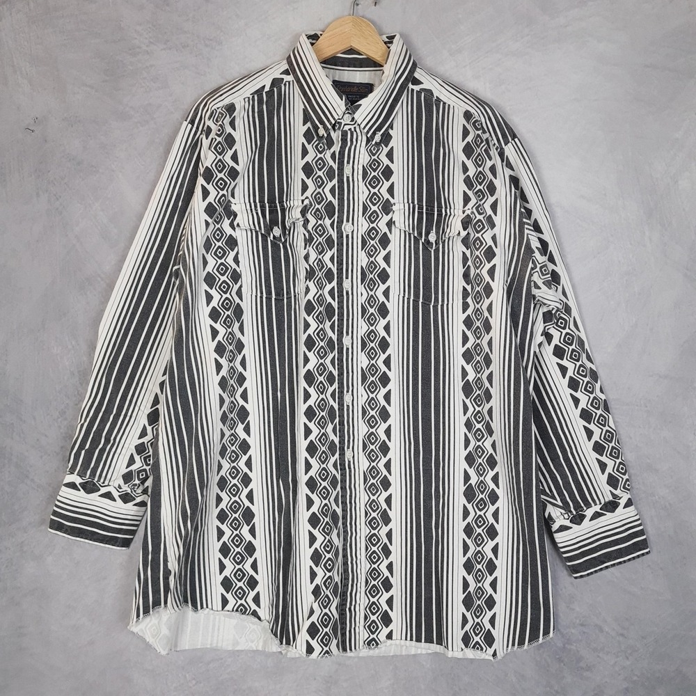 Vntg Panhandle Slim Shirt Mens 18-35 Black Western Geometric Button Up USA 90s